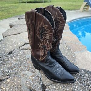 VINTAGE Dan Post Cowboy Western Boots Mens 8.5 D Black Brown Pull On‎ Leather